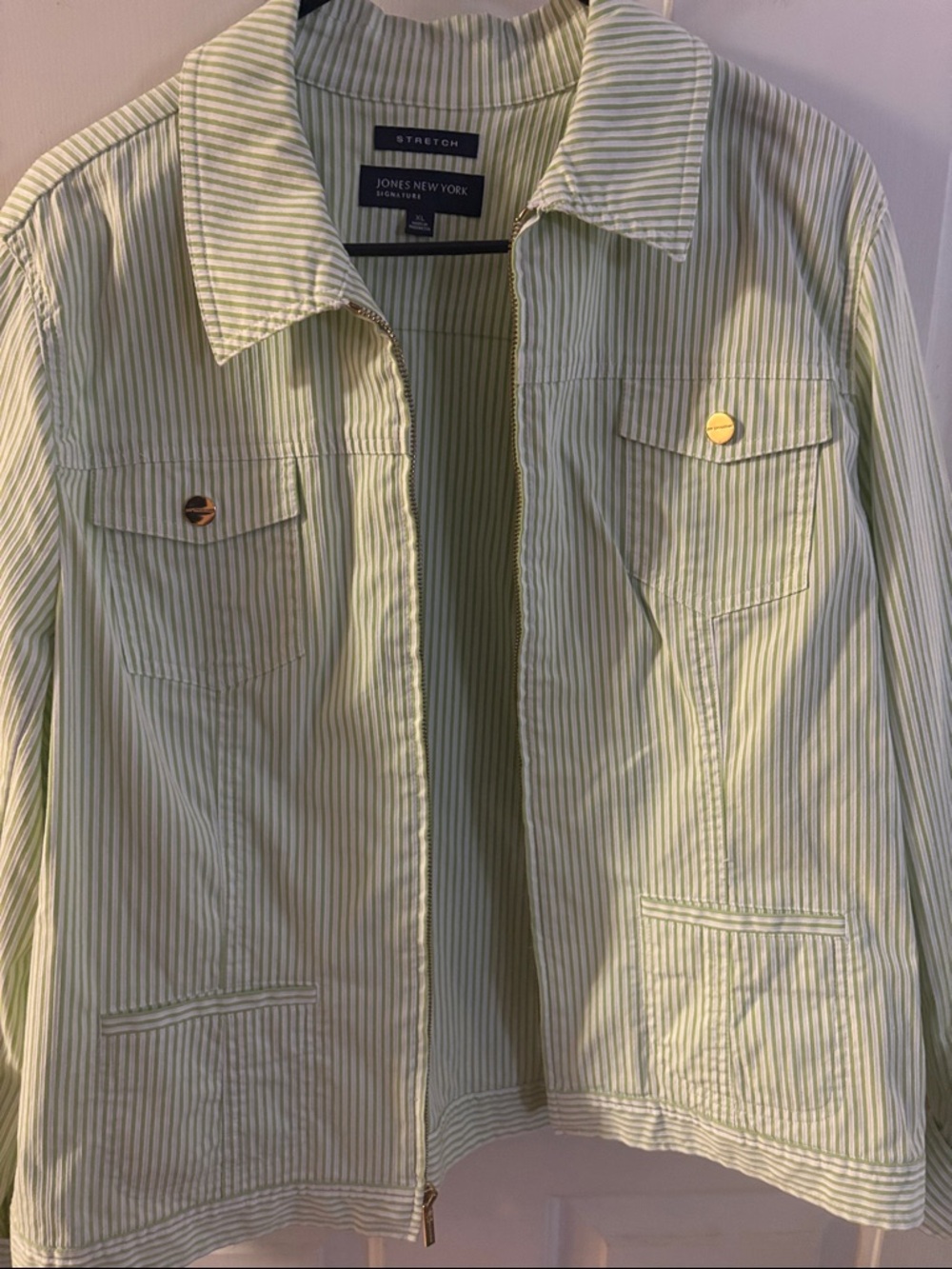 Jones New York Light Green Striped Jean Jacket